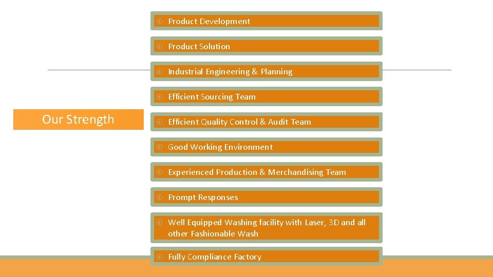 Our Strength Product Development Product Solution Industrial Engineering & Planning Efficient Sourcing Team Efficient