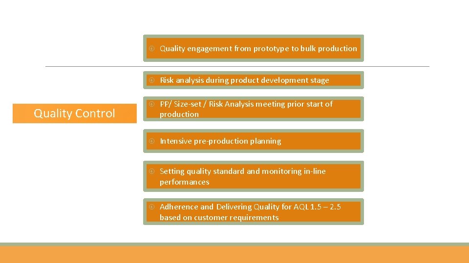 Quality Control Quality engagement from prototype to bulk production Risk analysis during product development