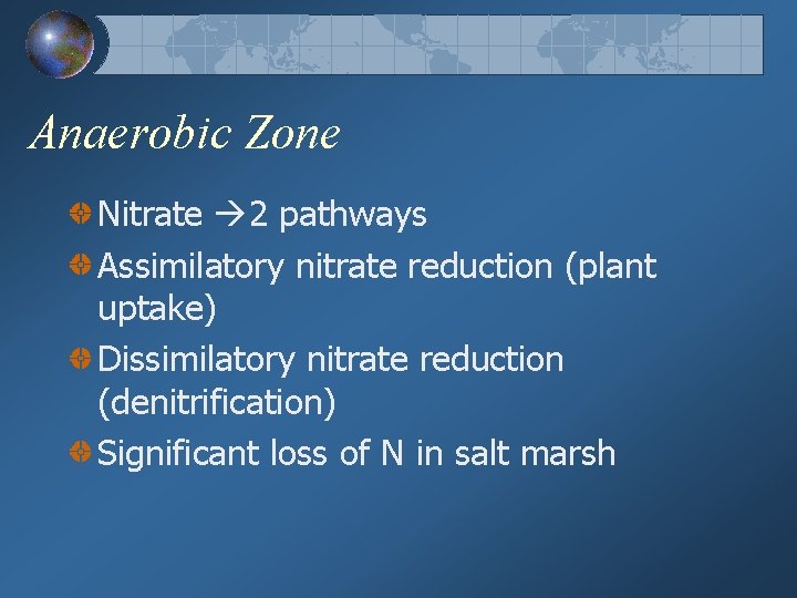 Anaerobic Zone Nitrate 2 pathways Assimilatory nitrate reduction (plant uptake) Dissimilatory nitrate reduction (denitrification)