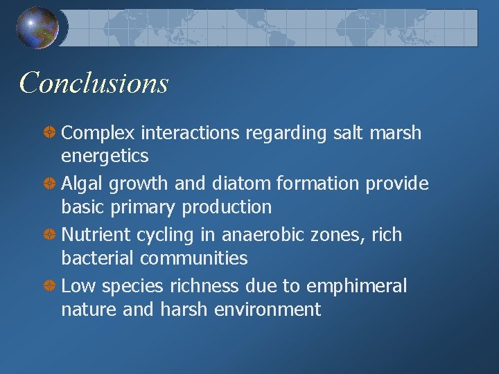 Conclusions Complex interactions regarding salt marsh energetics Algal growth and diatom formation provide basic