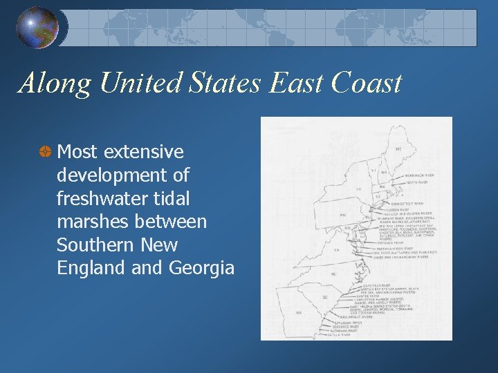 Along United States East Coast Most extensive development of freshwater tidal marshes between Southern