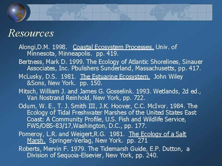 Resources Alongi, D. M. 1998. Coastal Ecosystem Processes. Univ. of Minnesota, Minneapolis. pp. 419.