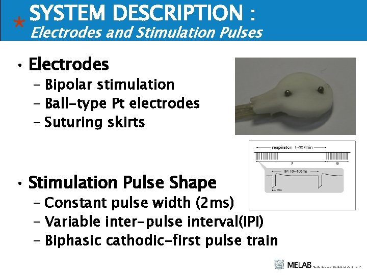 SYSTEM DESCRIPTION : Electrodes and Stimulation Pulses • Electrodes – Bipolar stimulation – Ball-type
