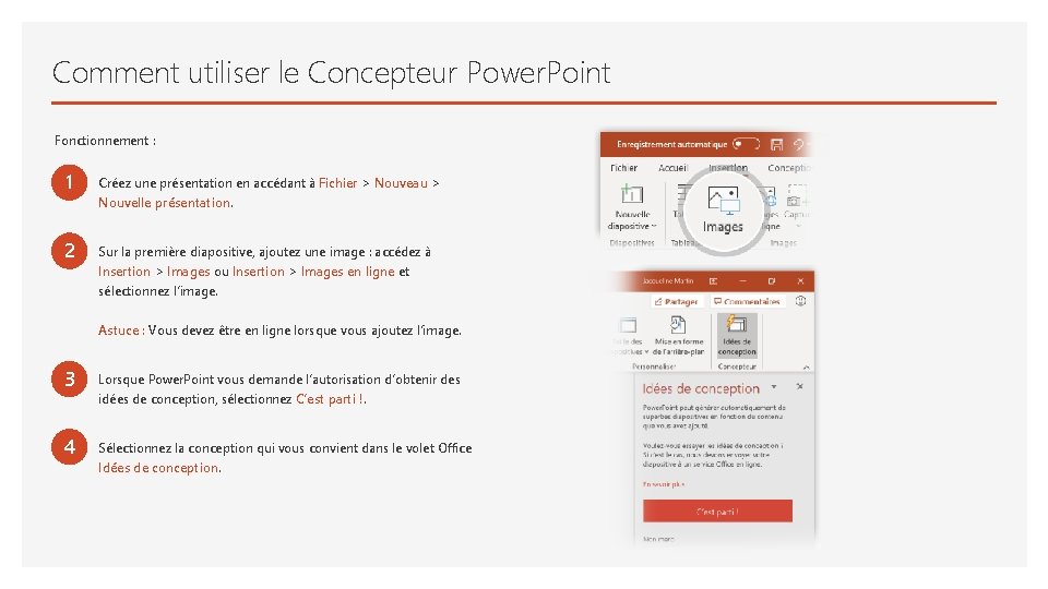 Comment utiliser le Concepteur Power. Point Fonctionnement : 1 Créez une présentation en accédant