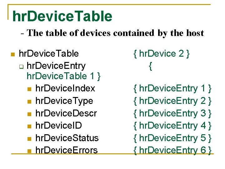 hr. Device. Table - The table of devices contained by the host n hr.