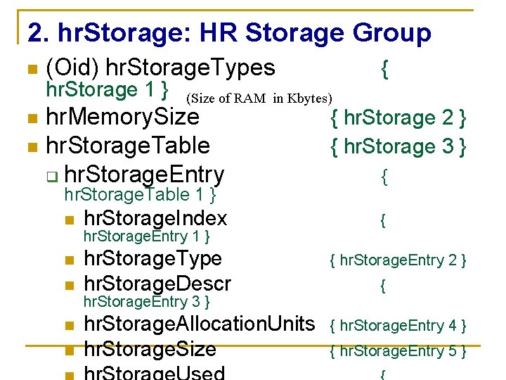 2. hr. Storage: HR Storage Group n (Oid) hr. Storage. Types hr. Storage 1