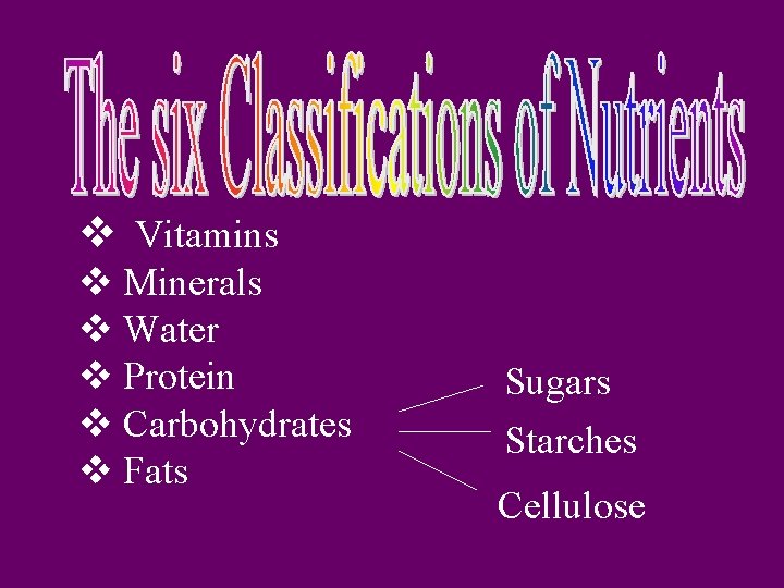 v Vitamins v Minerals v Water v Protein v Carbohydrates v Fats Sugars Starches