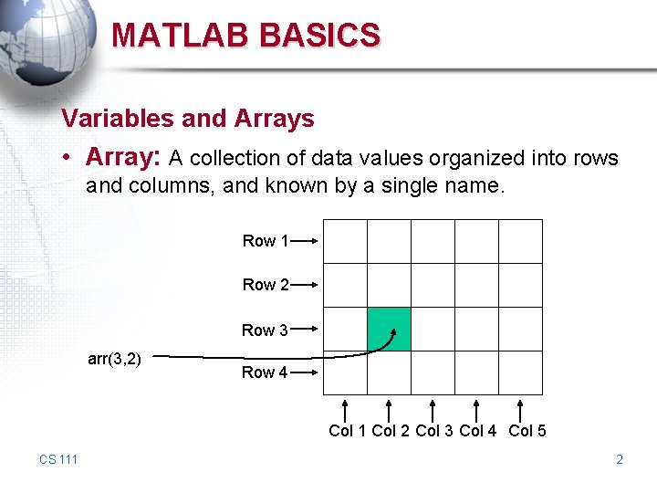 MATLAB BASICS Variables and Arrays • Array: A collection of data values organized into MATLAB BASICS Variables and Arrays • Array: A collection of data values organized into