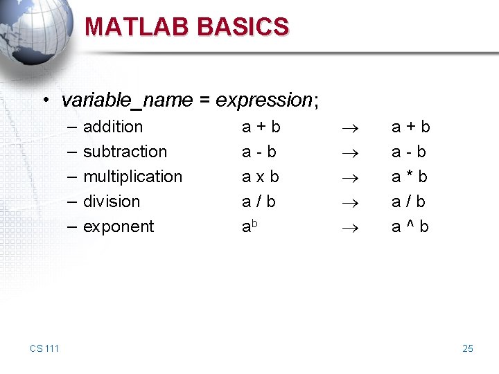 MATLAB BASICS • variable_name = expression; – – – CS 111 addition subtraction multiplication MATLAB BASICS • variable_name = expression; – – – CS 111 addition subtraction multiplication