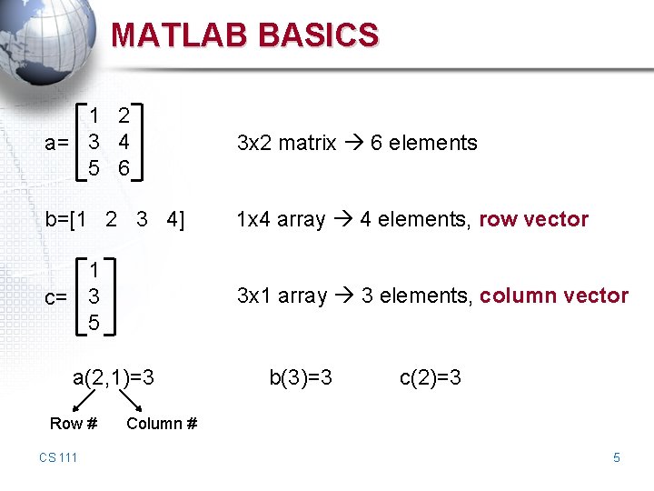 MATLAB BASICS 1 2 a= 3 4 5 6 3 x 2 matrix 6 MATLAB BASICS 1 2 a= 3 4 5 6 3 x 2 matrix 6