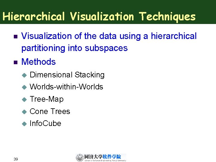 Hierarchical Visualization Techniques n Visualization of the data using a hierarchical partitioning into subspaces