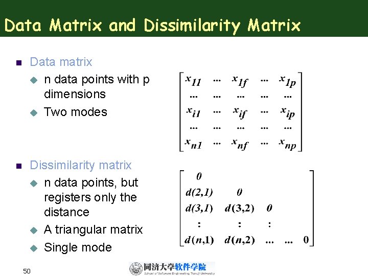 Data Matrix and Dissimilarity Matrix n Data matrix u n data points with p