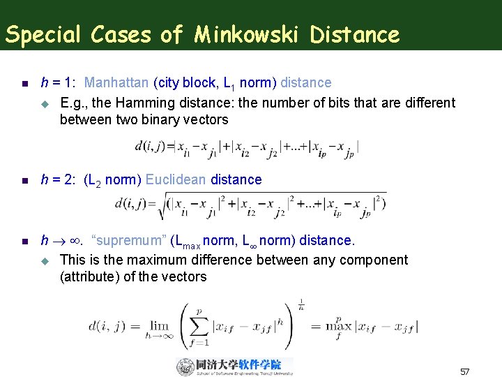 Special Cases of Minkowski Distance n h = 1: Manhattan (city block, L 1