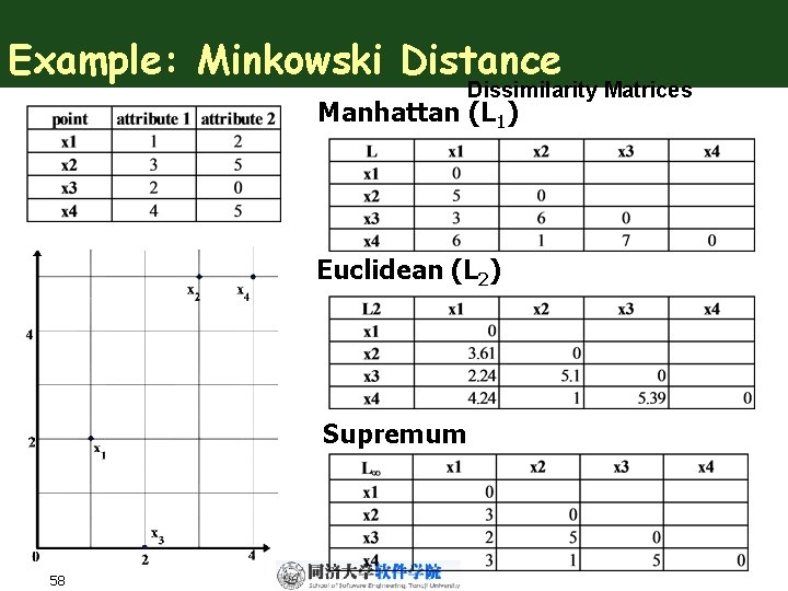 Example: Minkowski Distance Dissimilarity Matrices Manhattan (L 1) Euclidean (L 2) Supremum 58 