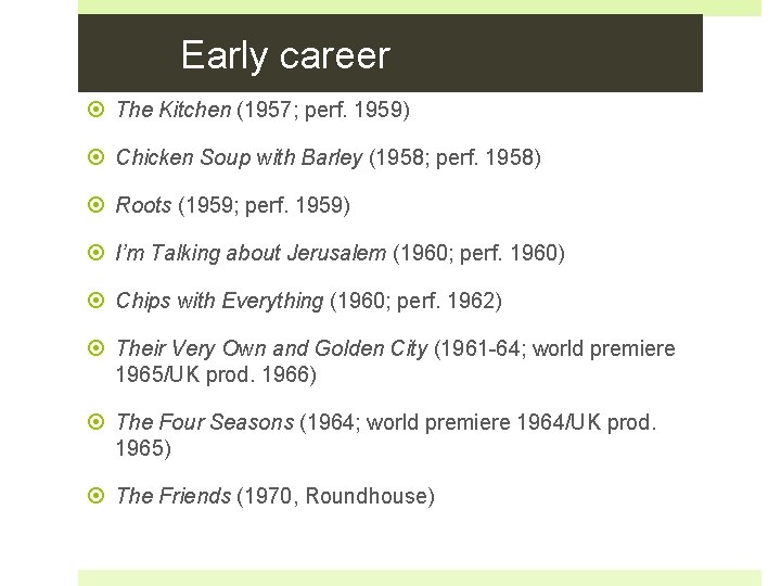 Early career The Kitchen (1957; perf. 1959) Chicken Soup with Barley (1958; perf. 1958)