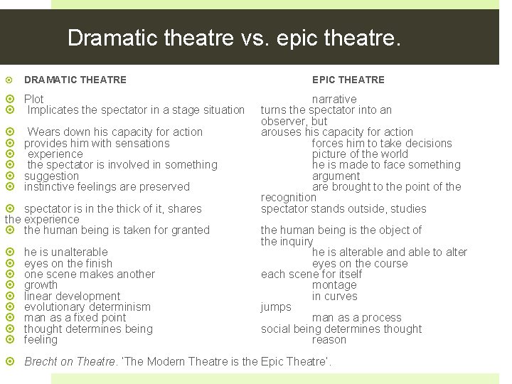 Dramatic theatre vs. epic theatre. DRAMATIC THEATRE Plot Implicates the spectator in a stage