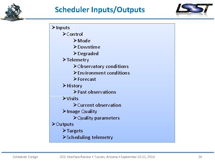 Scheduler Inputs/Outputs ØInputs ØControl ØMode ØDowntime ØDegraded ØTelemetry ØObservatory conditions ØEnvironment conditions ØForecast ØHistory
