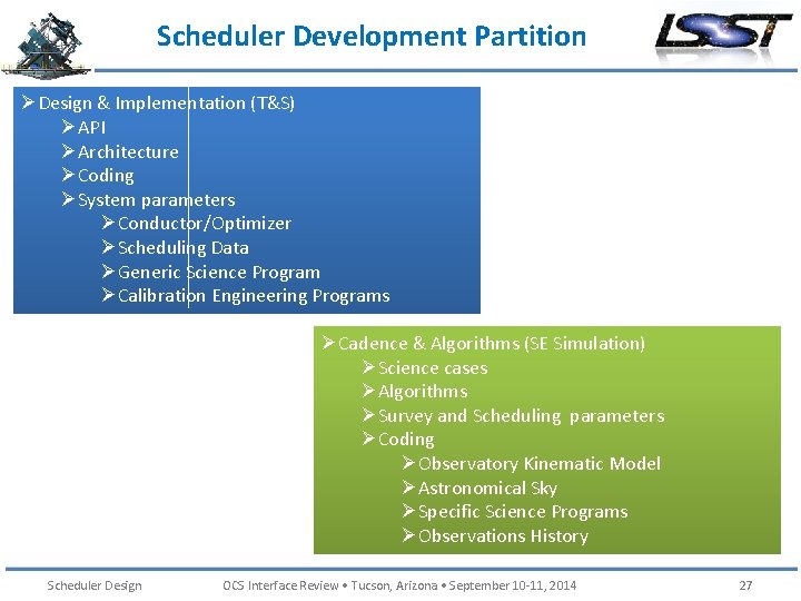 Scheduler Development Partition ØDesign & Implementation (T&S) ØAPI ØArchitecture ØCoding ØSystem parameters ØConductor/Optimizer ØScheduling