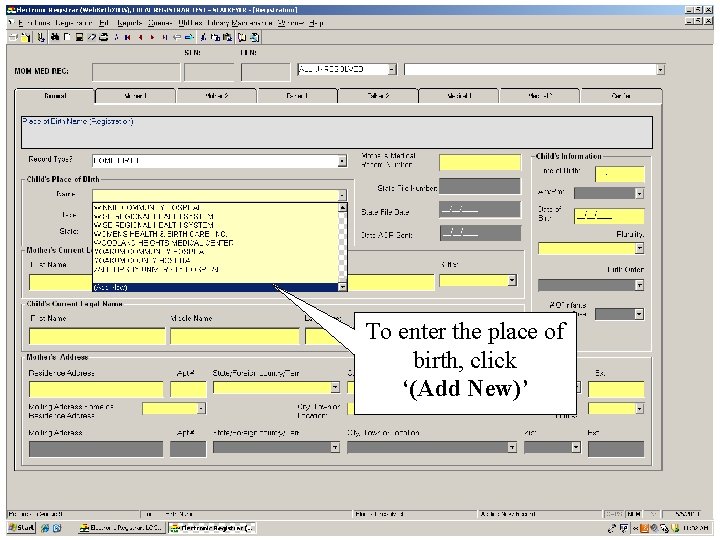 To enter the place of birth, click ‘(Add New)’ 