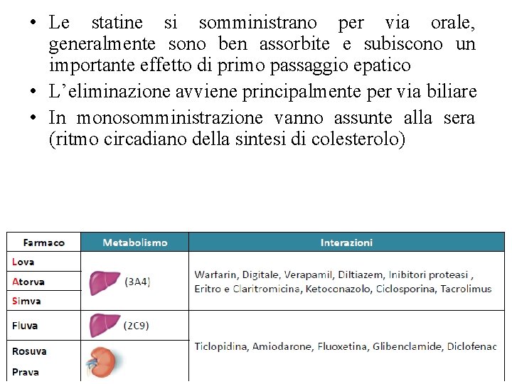  • Le statine si somministrano per via orale, generalmente sono ben assorbite e