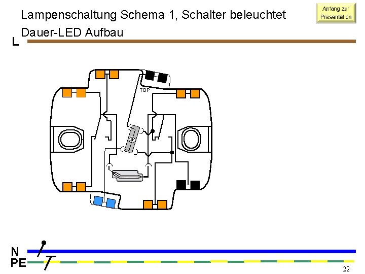 L Lampenschaltung Schema 1, Schalter beleuchtet Dauer-LED Aufbau TOP N PE 22 