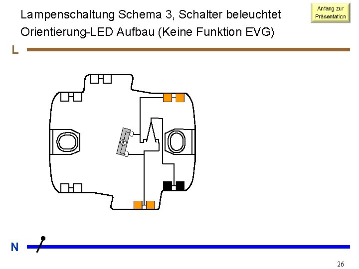 Lampenschaltung Schema 3, Schalter beleuchtet Orientierung-LED Aufbau (Keine Funktion EVG) L N 26 