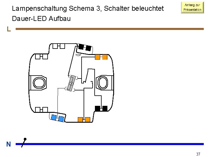 Lampenschaltung Schema 3, Schalter beleuchtet Dauer-LED Aufbau L TOP N 37 