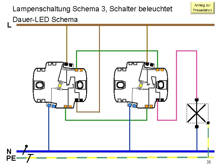 L Lampenschaltung Schema 3, Schalter beleuchtet Dauer-LED Schema TOP N PE TOP 38 