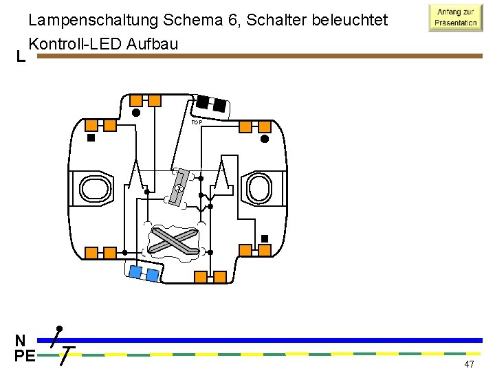 L Lampenschaltung Schema 6, Schalter beleuchtet Kontroll-LED Aufbau TOP N PE 47 