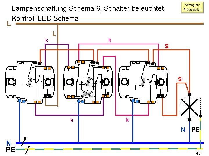 L Lampenschaltung Schema 6, Schalter beleuchtet Kontroll-LED Schema L k k S TOP TOP