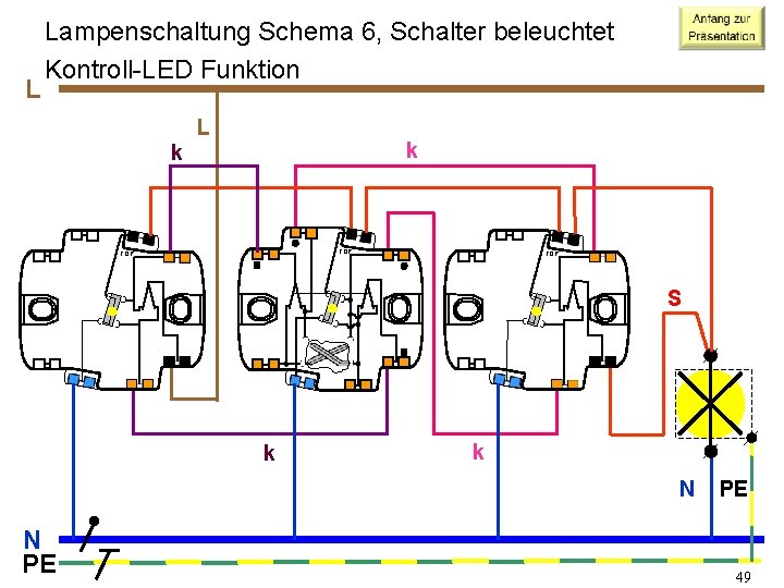 L Lampenschaltung Schema 6, Schalter beleuchtet Kontroll-LED Funktion L k k TOP TOP S