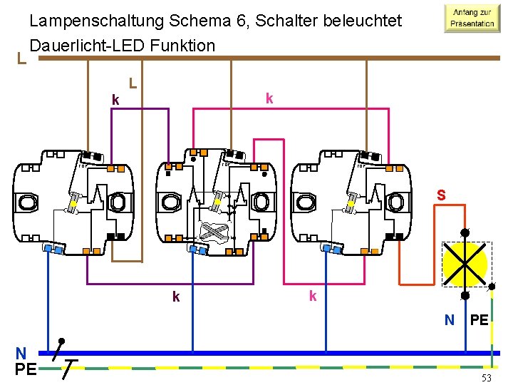 L Lampenschaltung Schema 6, Schalter beleuchtet Dauerlicht-LED Funktion L k k TOP TOP S