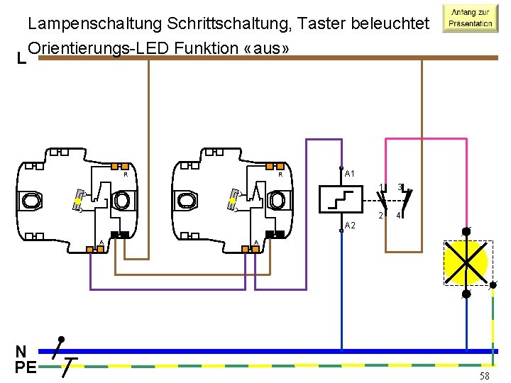 L Lampenschaltung Schrittschaltung, Taster beleuchtet Orientierungs-LED Funktion «aus» R R A 1 1 3