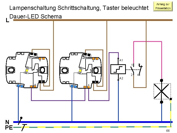 L Lampenschaltung Schrittschaltung, Taster beleuchtet Dauer-LED Schema TOP R R A 1 1 3