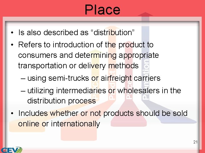 Place • Is also described as “distribution” • Refers to introduction of the product