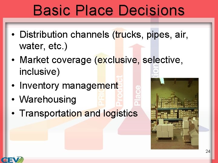 Basic Place Decisions • Distribution channels (trucks, pipes, air, water, etc. ) • Market