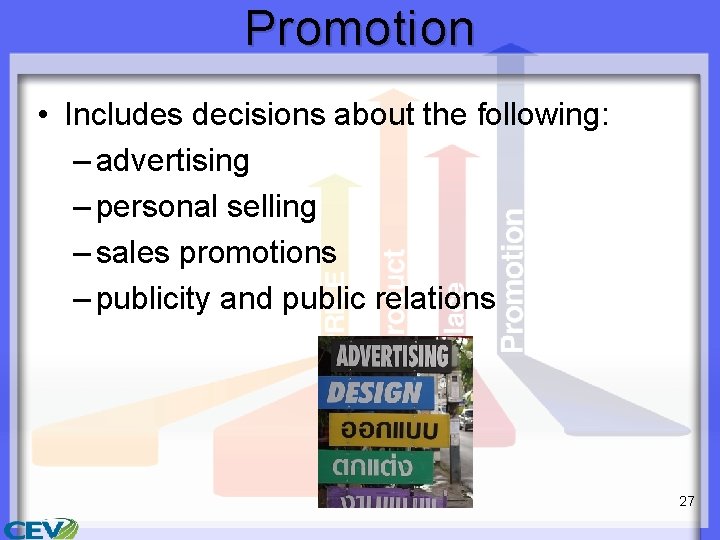 Promotion • Includes decisions about the following: – advertising – personal selling – sales