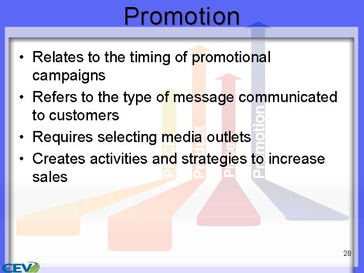 Promotion • Relates to the timing of promotional campaigns • Refers to the type