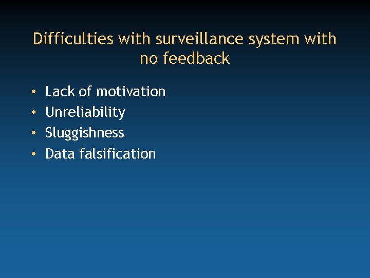 Difficulties with surveillance system with no feedback • • Lack of motivation Unreliability Sluggishness