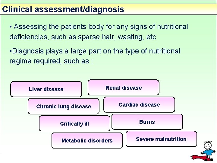 Clinical assessment/diagnosis • Assessing the patients body for any signs of nutritional deficiencies, such