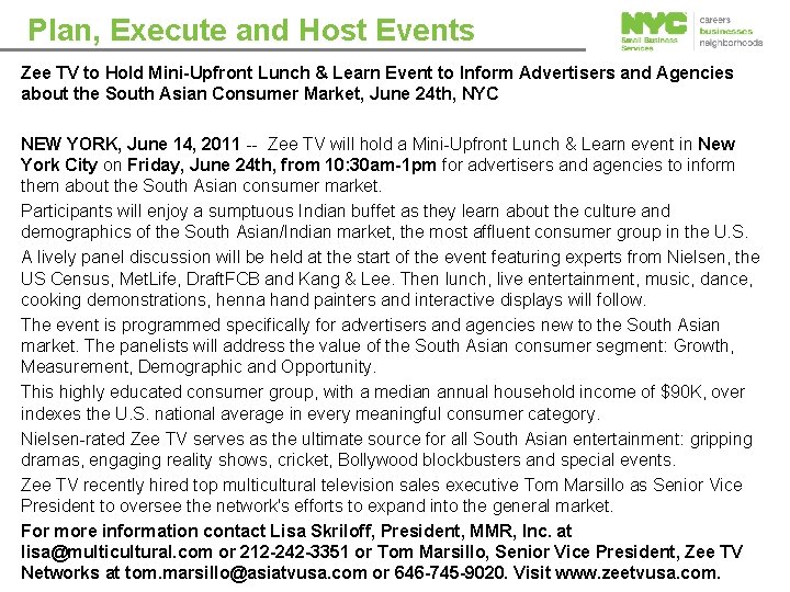 Plan, Execute and Host Events Zee TV to Hold Mini-Upfront Lunch & Learn Event