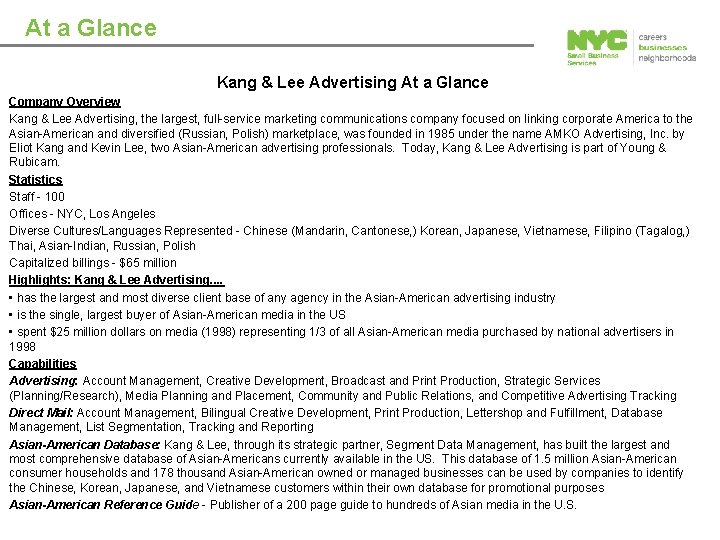 At a Glance Kang & Lee Advertising At a Glance Company Overview Kang &