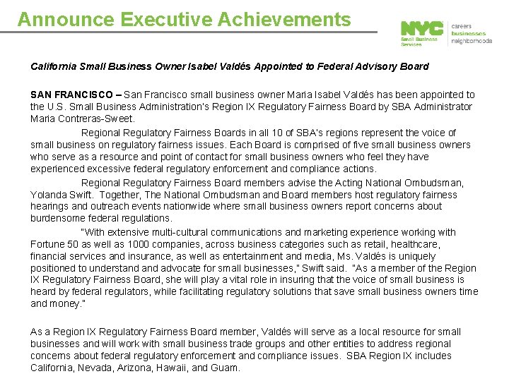 Announce Executive Achievements California Small Business Owner Isabel Valdés Appointed to Federal Advisory Board