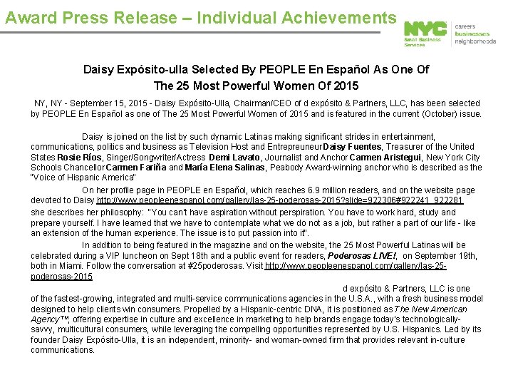 Award Press Release – Individual Achievements Daisy Expósito-ulla Selected By PEOPLE En Español As