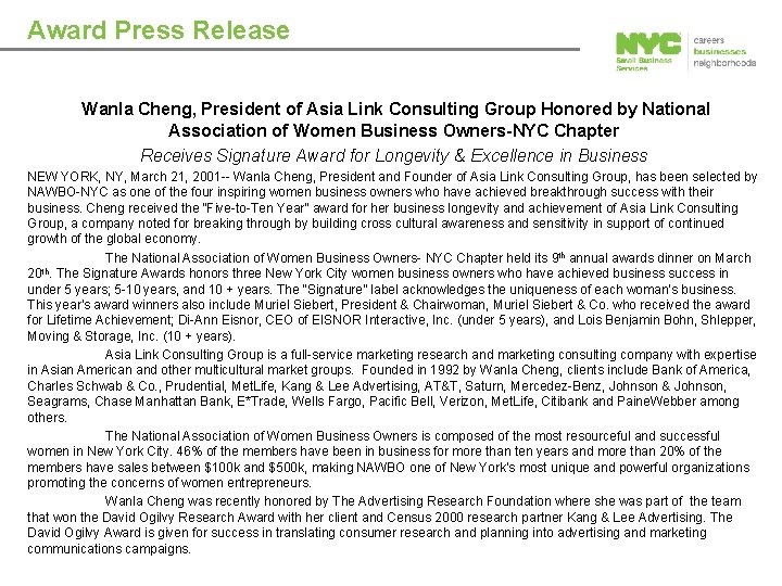 Award Press Release Wanla Cheng, President of Asia Link Consulting Group Honored by National