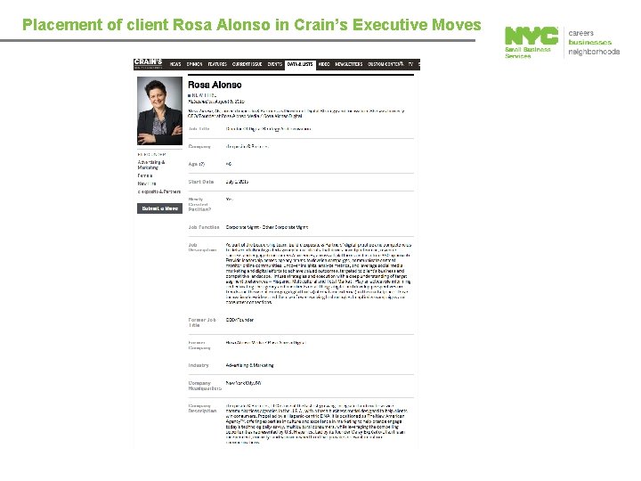 Placement of client Rosa Alonso in Crain’s Executive Moves 