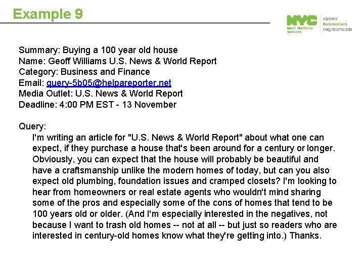 Example 9 Summary: Buying a 100 year old house Name: Geoff Williams U. S.