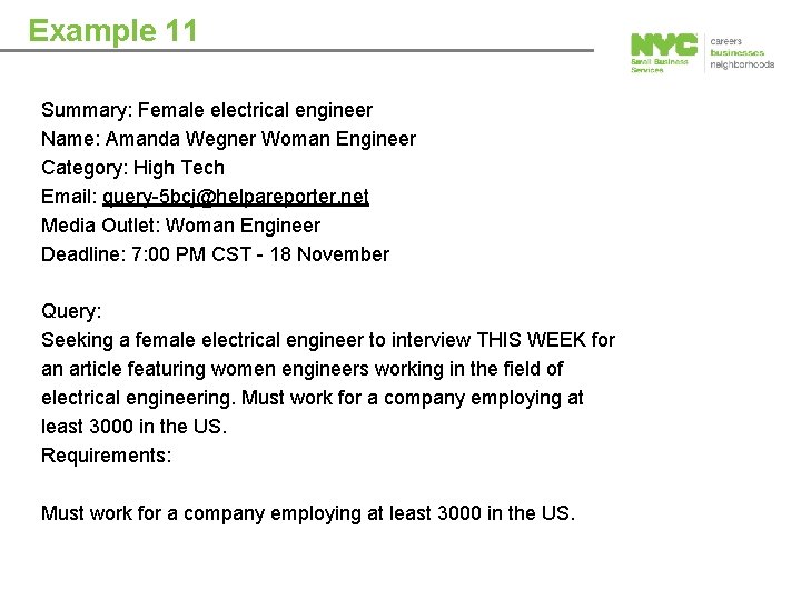 Example 11 Summary: Female electrical engineer Name: Amanda Wegner Woman Engineer Category: High Tech