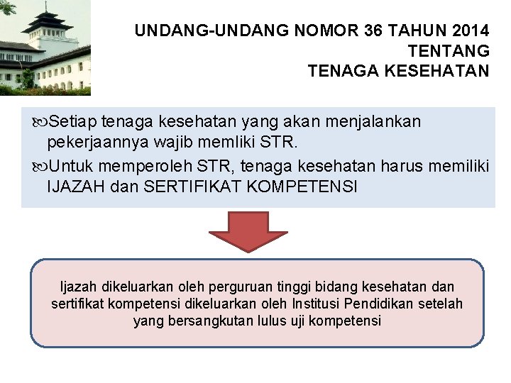 UNDANG-UNDANG NOMOR 36 TAHUN 2014 TENTANG TENAGA KESEHATAN Setiap tenaga kesehatan yang akan menjalankan