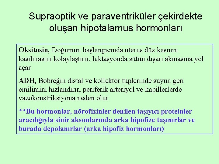 Supraoptik ve paraventriküler çekirdekte oluşan hipotalamus hormonları Oksitosin, Doğumun başlangıcında uterus düz kasının kasılmasını